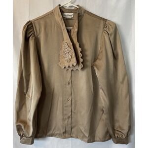 Vtg That's Me Cottagecore Button Up Blouse Taupe Brown Tie‎ Neck Women Size 9-10